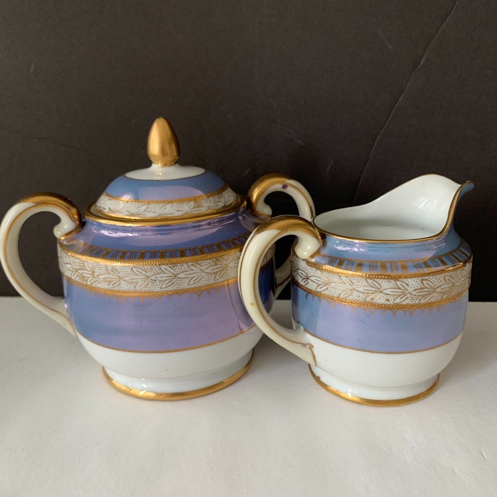 VINTAGE NORITAKE IRIDECENT PURPLE HANDPAINTED CREAMER & SUGAR BOWL MADE IN JAPAN - Picture 11 of 11
